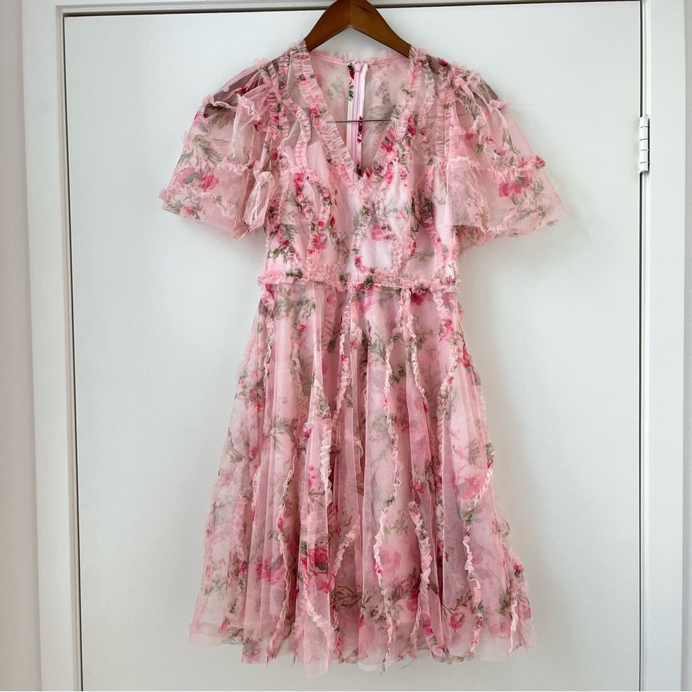 NWOT Needle & Thread pink floral ruffle dress S